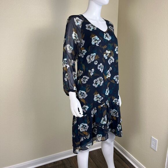 Cabi Women's Size S Blue Floral Sheer Pirouetee Drop Waist Teired Midi Dress - Picture 11 of 16
